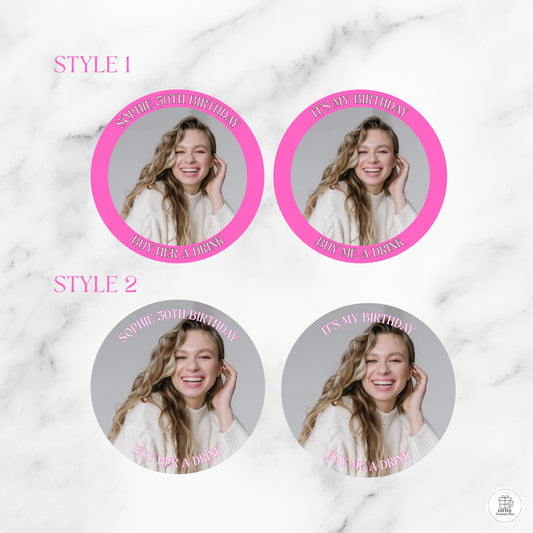 Custom Birthday Button – “Buy Her a Drink” Photo Pin with Name | Bachelorette, Party Favor, or Girls’ Night Out Gift 2.28"