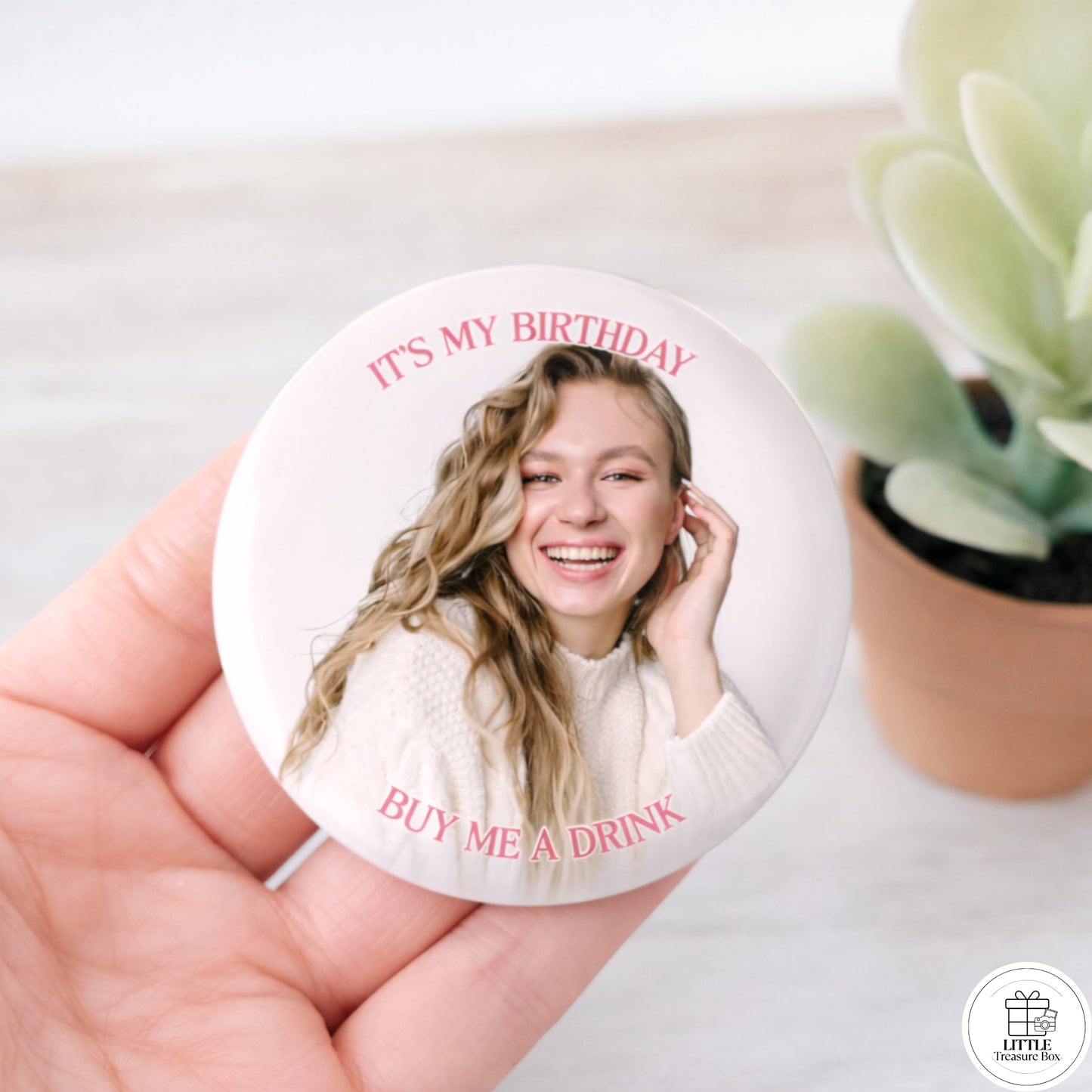 Custom Birthday Button – “Buy Her a Drink” Photo Pin with Name | Bachelorette, Party Favor, or Girls’ Night Out Gift  2.28"