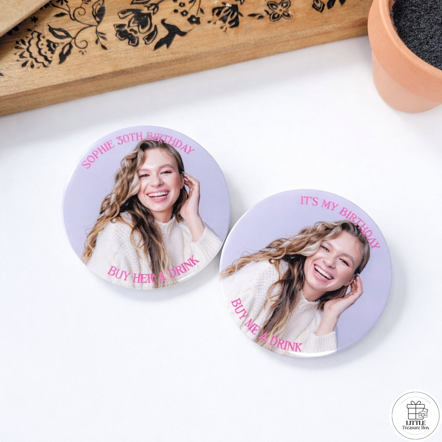 Custom Birthday Button – “Buy Her a Drink” Photo Pin with Name | Bachelorette, Party Favor, or Girls’ Night Out Gift  2.28"