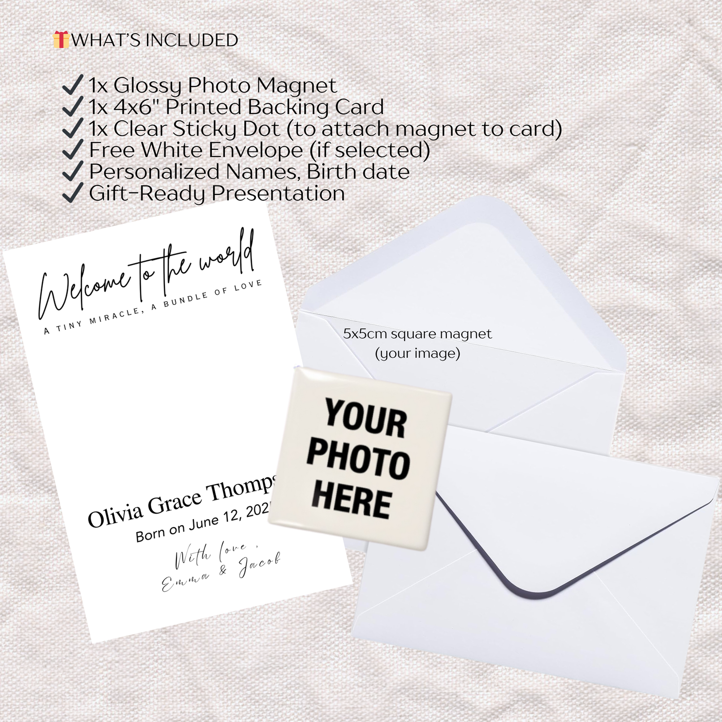 Baby Announcement – Personalized Square Magnet with Cardstock