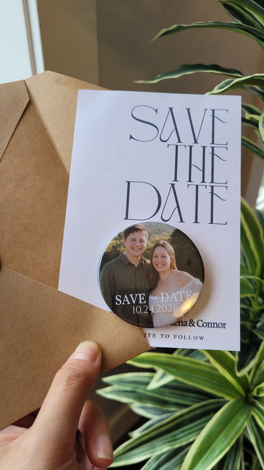 Save the Date Magnet Invitation – Personalized Button Magnet with Cardstock