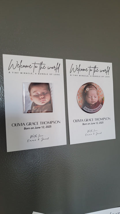 Baby Announcement – Personalized Button Magnet with Cardstock