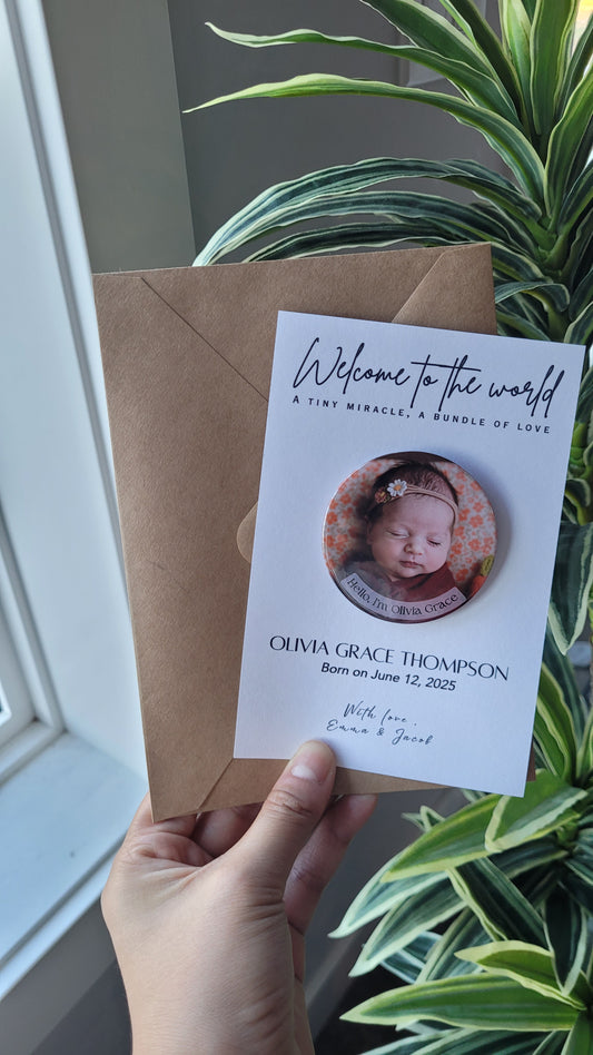 Baby Announcement – Personalized Button Magnet with Cardstock