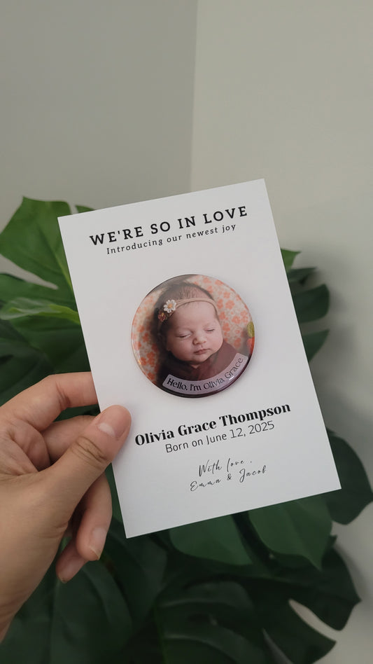 Baby Announcement – Personalized Button Magnet with Cardstock