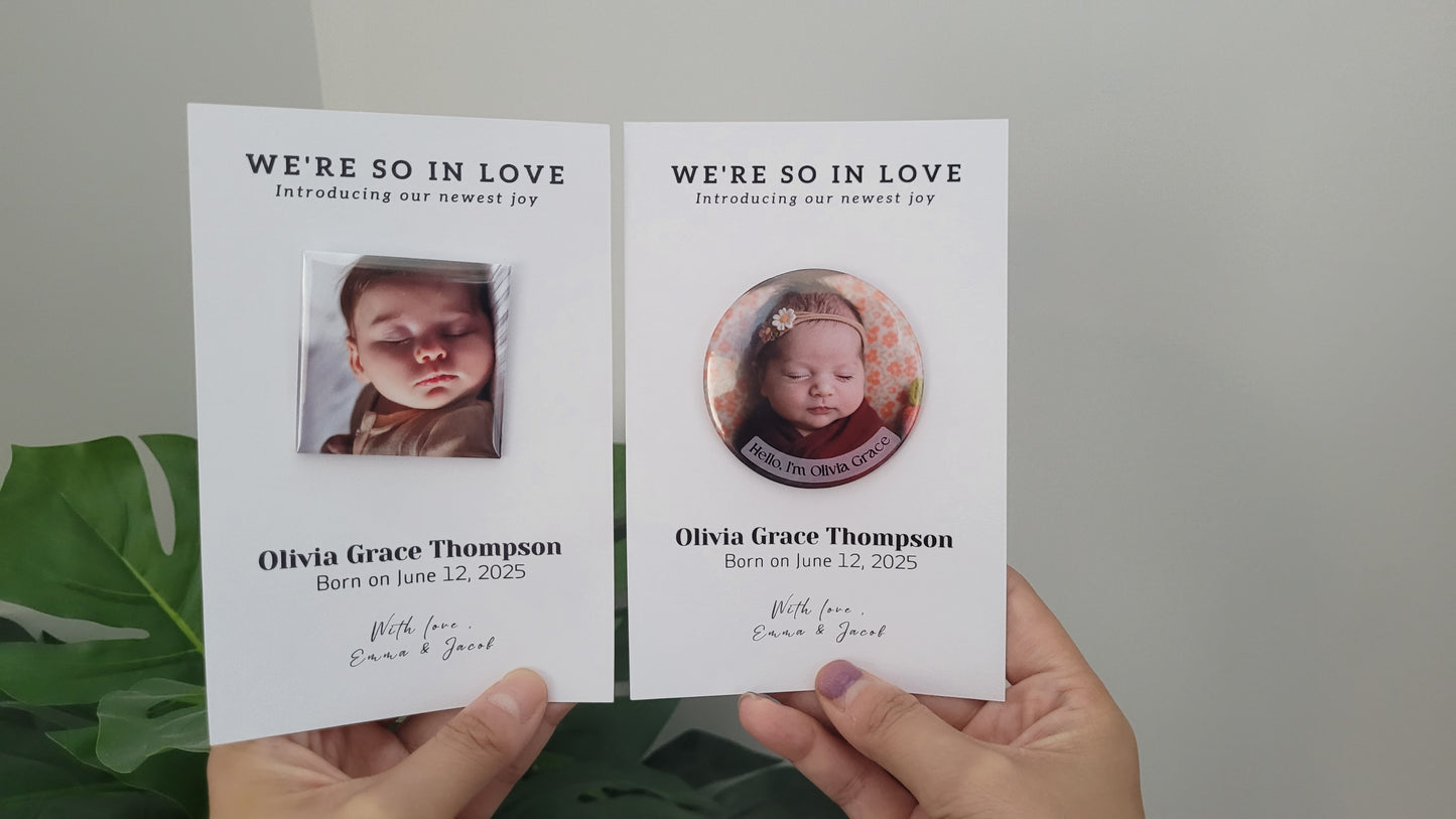 Baby Announcement – Personalized Button Magnet with Cardstock