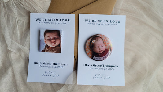 Baby Announcement – Personalized Button Magnet with Cardstock