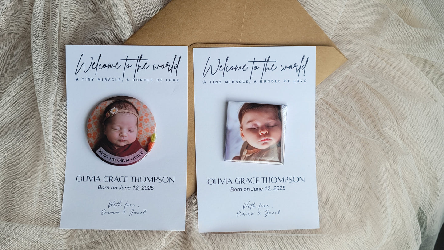 Baby Announcement – Personalized Button Magnet with Cardstock