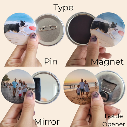 Round Photo Magnet, Pin, Bottle Opener, Mirror 58mm