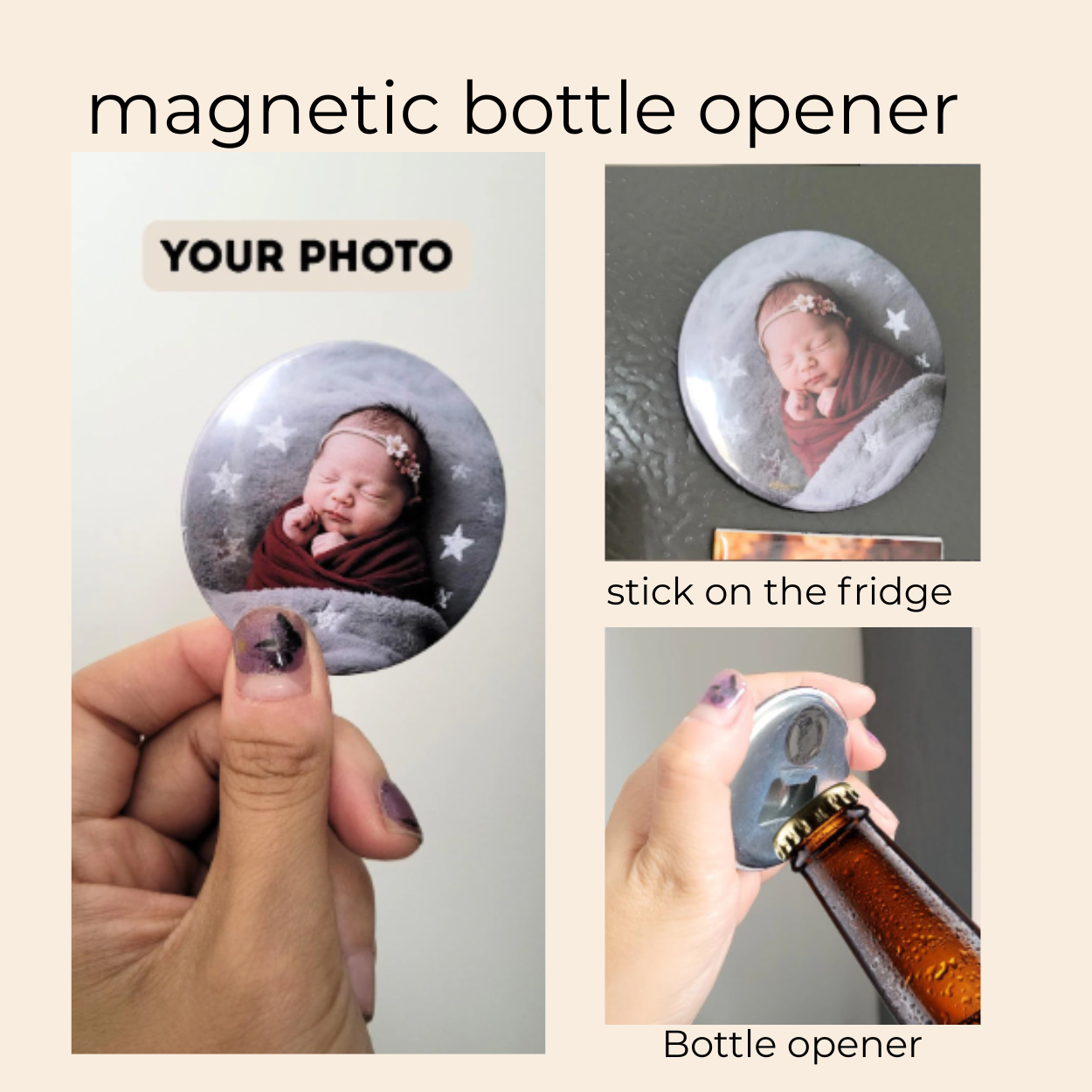 Round Photo Magnet, Pin, Bottle Opener, Mirror 58mm