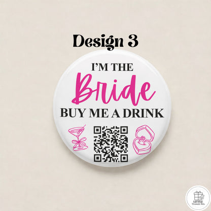 Buy Me a Drink QR Code Button – Bachelorette Party Bride Pin – Custom Wedding Shower Badge – Fun Bridal Party Accessory