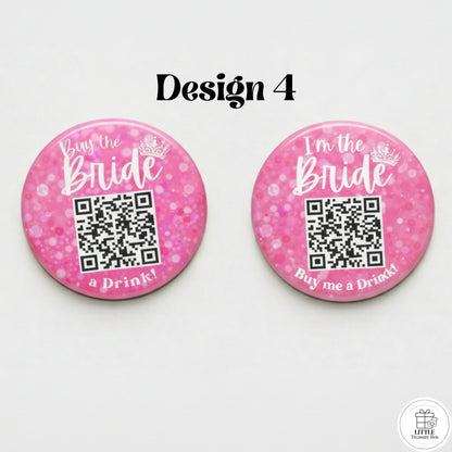 Buy Me a Drink QR Code Button – Bachelorette Party Bride Pin – Custom Wedding Shower Badge – Fun Bridal Party Accessory