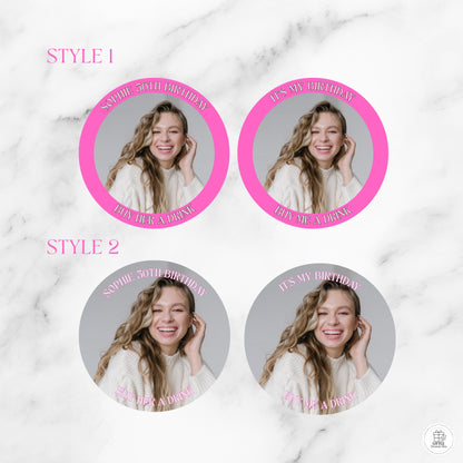 Custom Birthday Button – “Buy Her a Drink” Photo Pin with Name | Bachelorette, Party Favor, or Girls’ Night Out Gift  2.28"