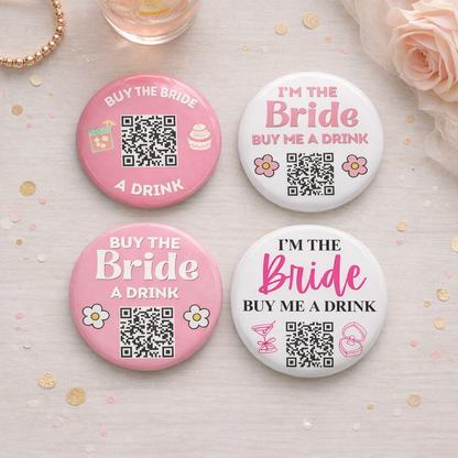 Buy Me a Drink QR Code Button – Bachelorette Party Bride Pin – Custom Wedding Shower Badge – Fun Bridal Party Accessory