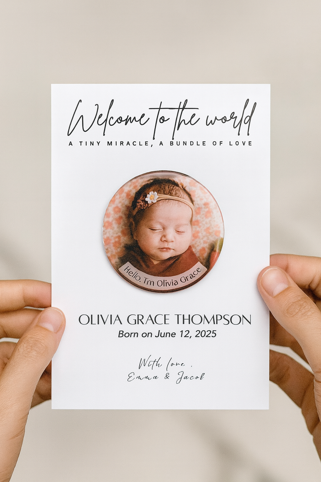 Baby Announcement – Personalized Button Magnet with Cardstock
