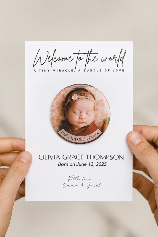 Baby Announcement – Personalized Button Magnet with Cardstock