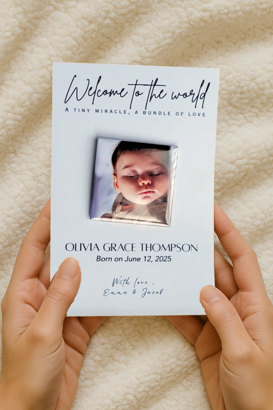 Baby Announcement – Personalized Button Magnet with Cardstock
