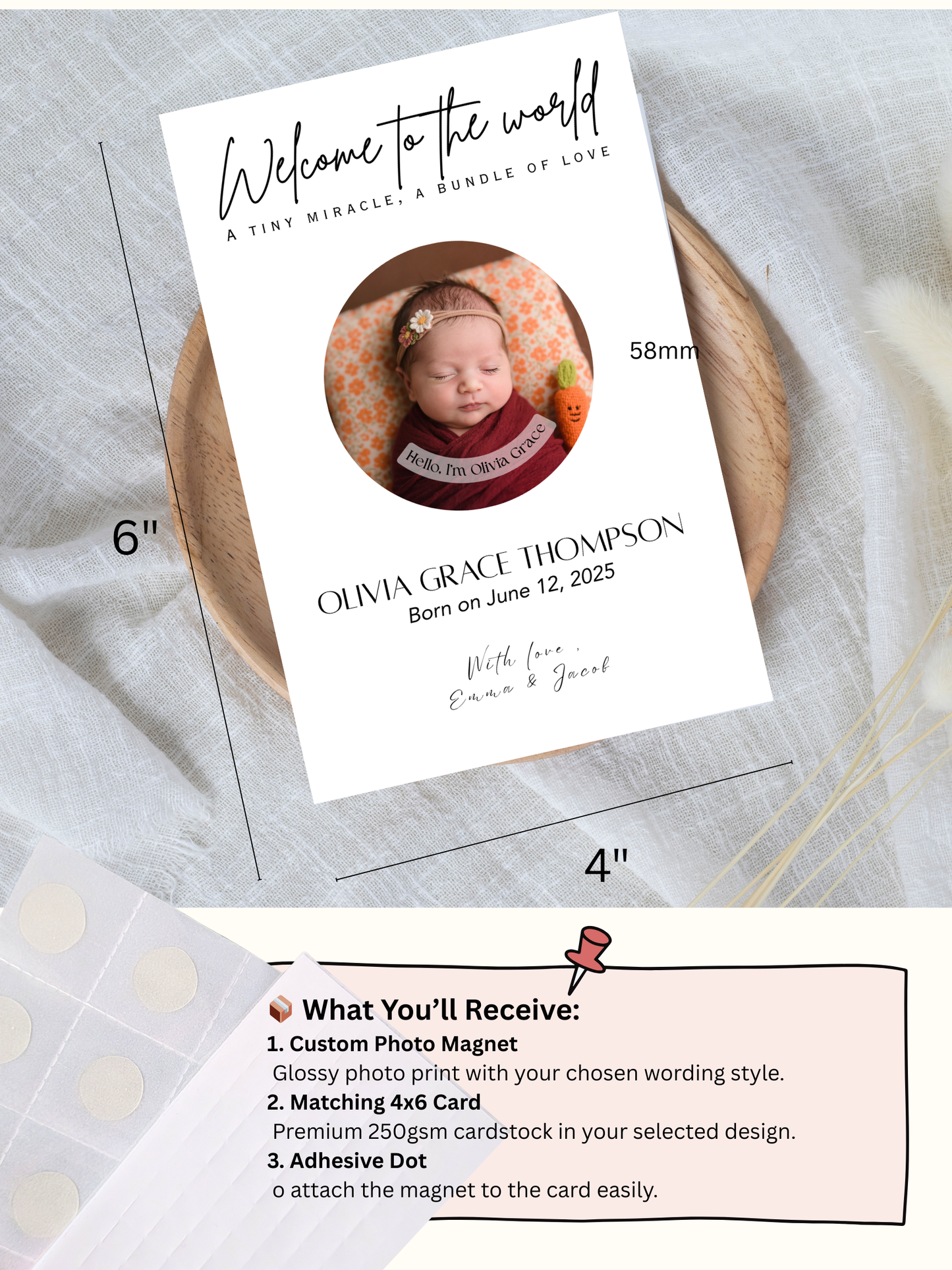 Baby Announcement – Personalized Button Magnet with Cardstock