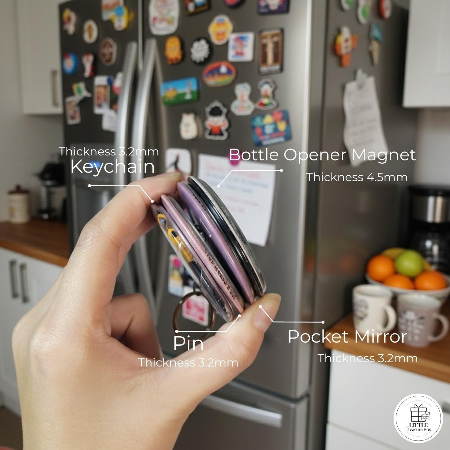 Personalized 2.28" Photo Mirror, Pin, Opener, magnet, keychain