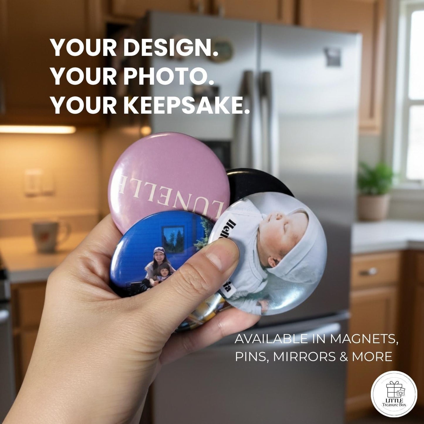 Personalized 2.28" Photo Mirror, Pin, Opener, magnet, keychain