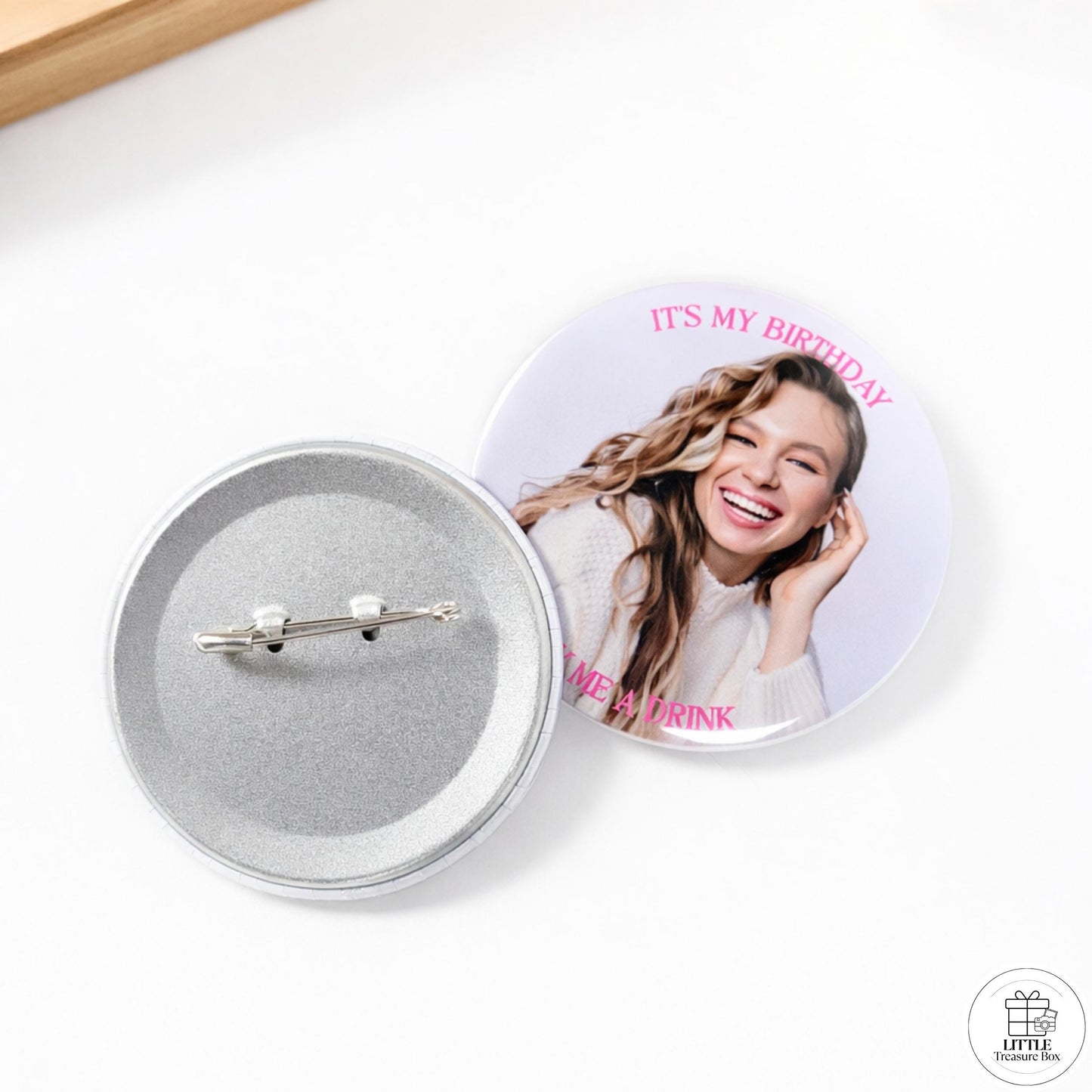 Custom Birthday Button – “Buy Her a Drink” Photo Pin with Name | Bachelorette, Party Favor, or Girls’ Night Out Gift  2.28"