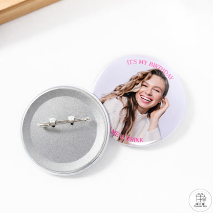Custom Birthday Button – “Buy Her a Drink” Photo Pin with Name | Bachelorette, Party Favor, or Girls’ Night Out Gift  2.28"