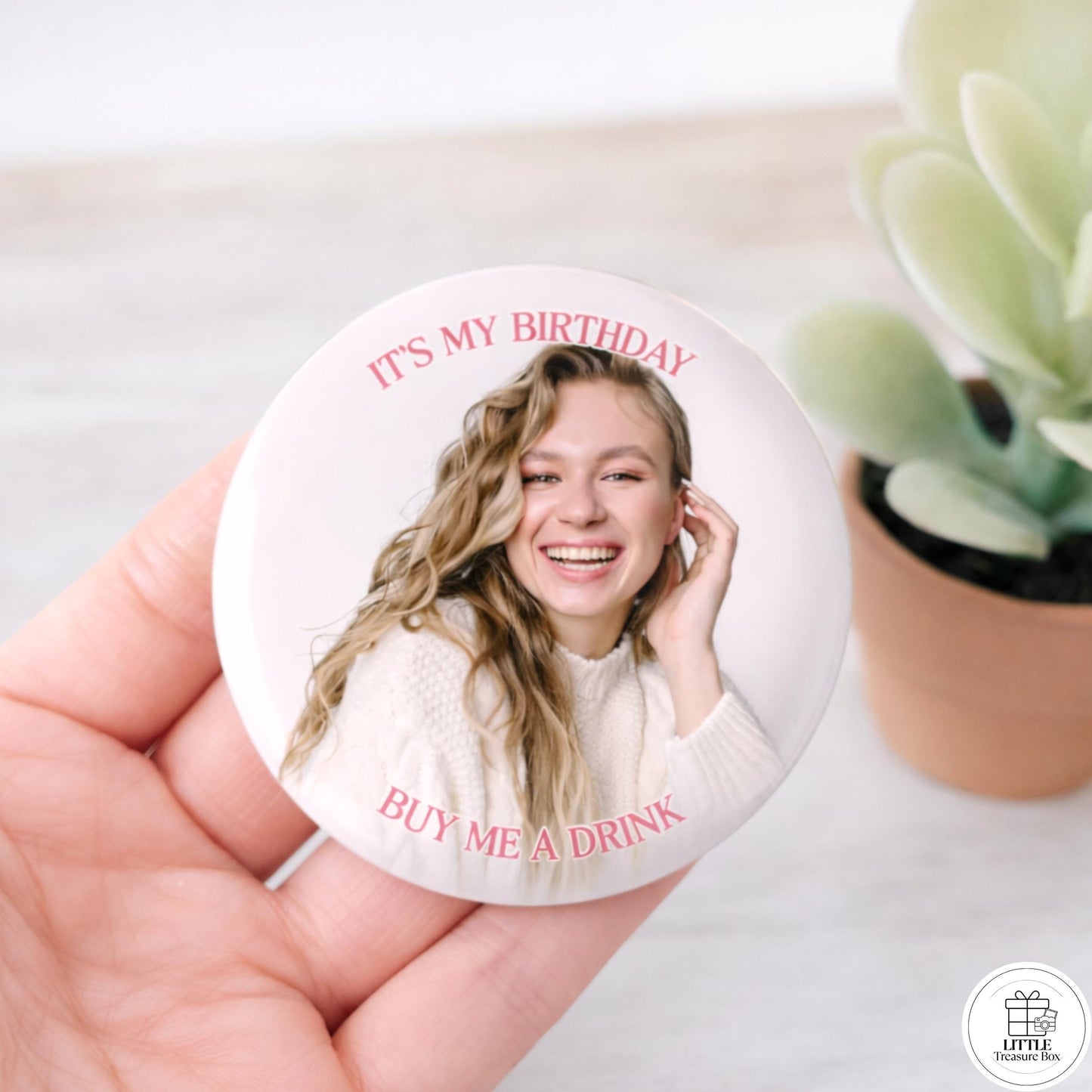 Custom Birthday Button – “Buy Her a Drink” Photo Pin with Name | Bachelorette, Party Favor, or Girls’ Night Out Gift  2.28"