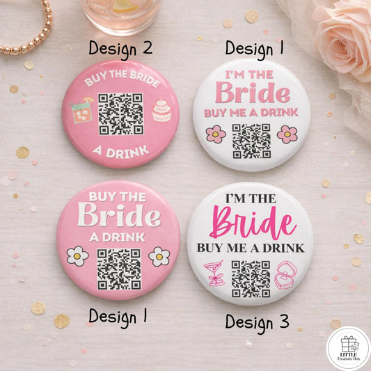 Buy Me a Drink QR Code Button – Bachelorette Party Bride Pin – Custom Wedding Shower Badge – Fun Bridal Party Accessory