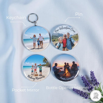 Personalized 2.28" Photo Mirror, Pin, Opener, magnet, keychain