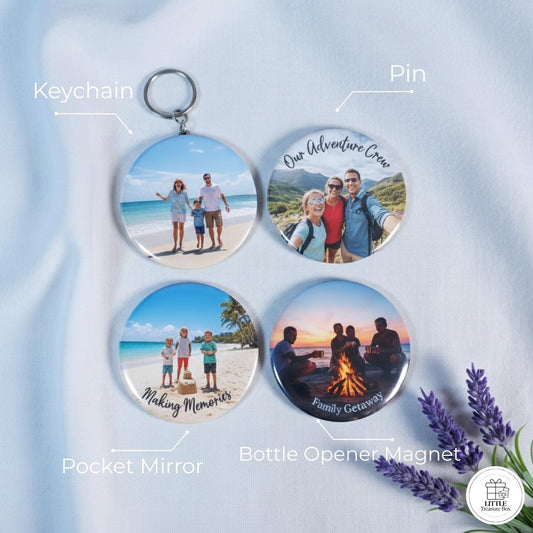 Personalized 2.28" Photo Mirror, Pin, Opener, magnet, keychain