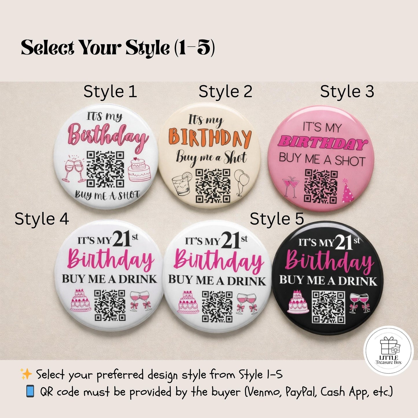 Birthday QR Code Button Pin – Buy Me a Shot Birthday Badge | Custom 58mm Birthday Pin | Party Favor, Bar Crawl, Bachelorette Gift