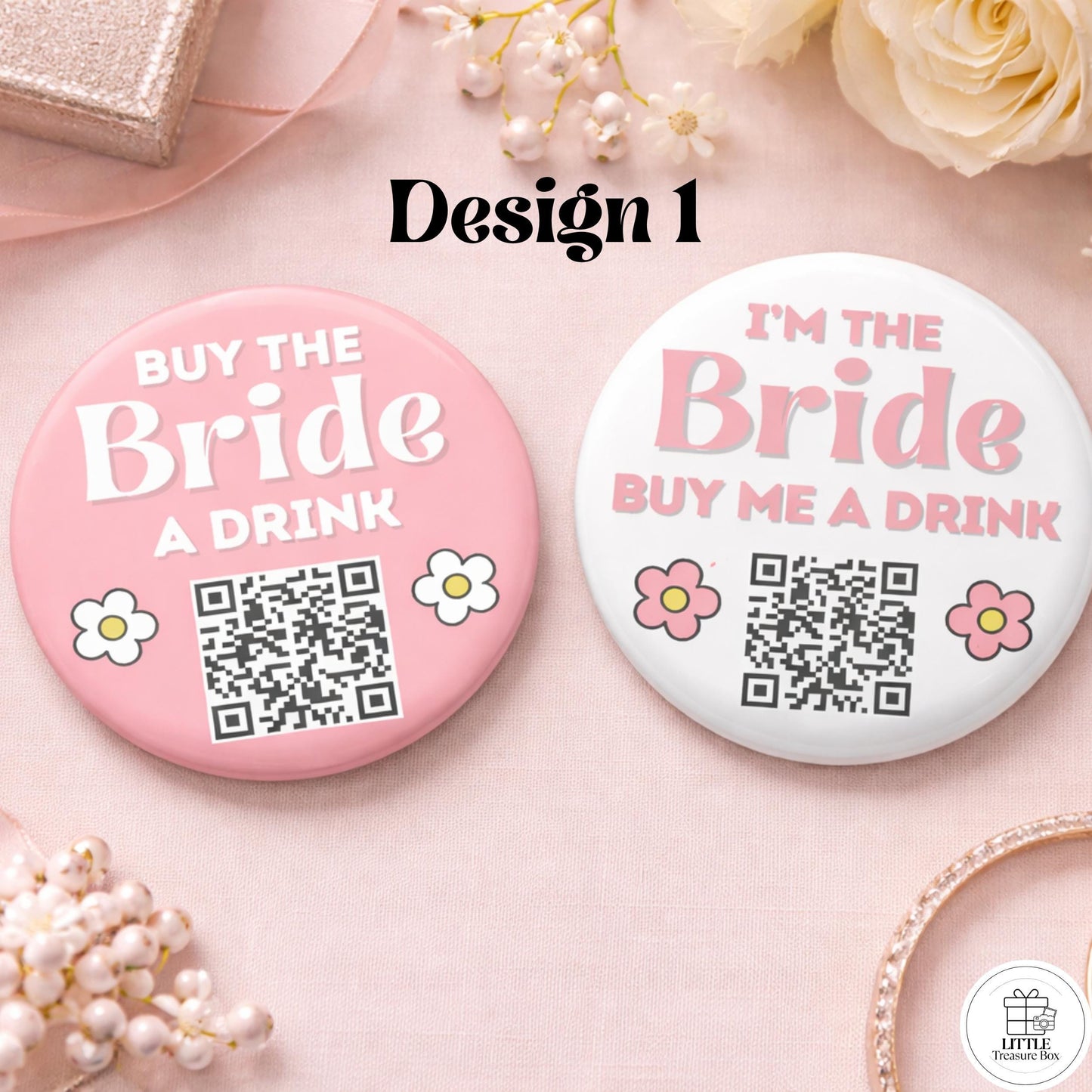 Buy Me a Drink QR Code Button – Bachelorette Party Bride Pin – Custom Wedding Shower Badge – Fun Bridal Party Accessory
