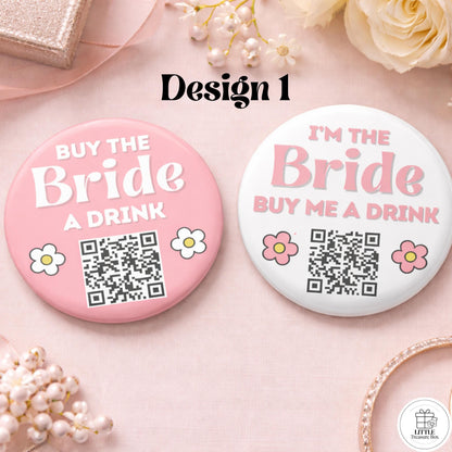 Buy Me a Drink QR Code Button – Bachelorette Party Bride Pin – Custom Wedding Shower Badge – Fun Bridal Party Accessory