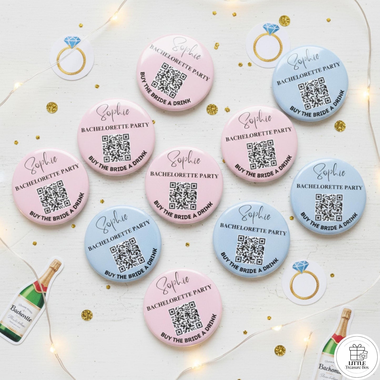 Personalized Bachelorette Party QR Code Button – Buy the Bride a Drink , I’m the Bride + Buy Me a Drink