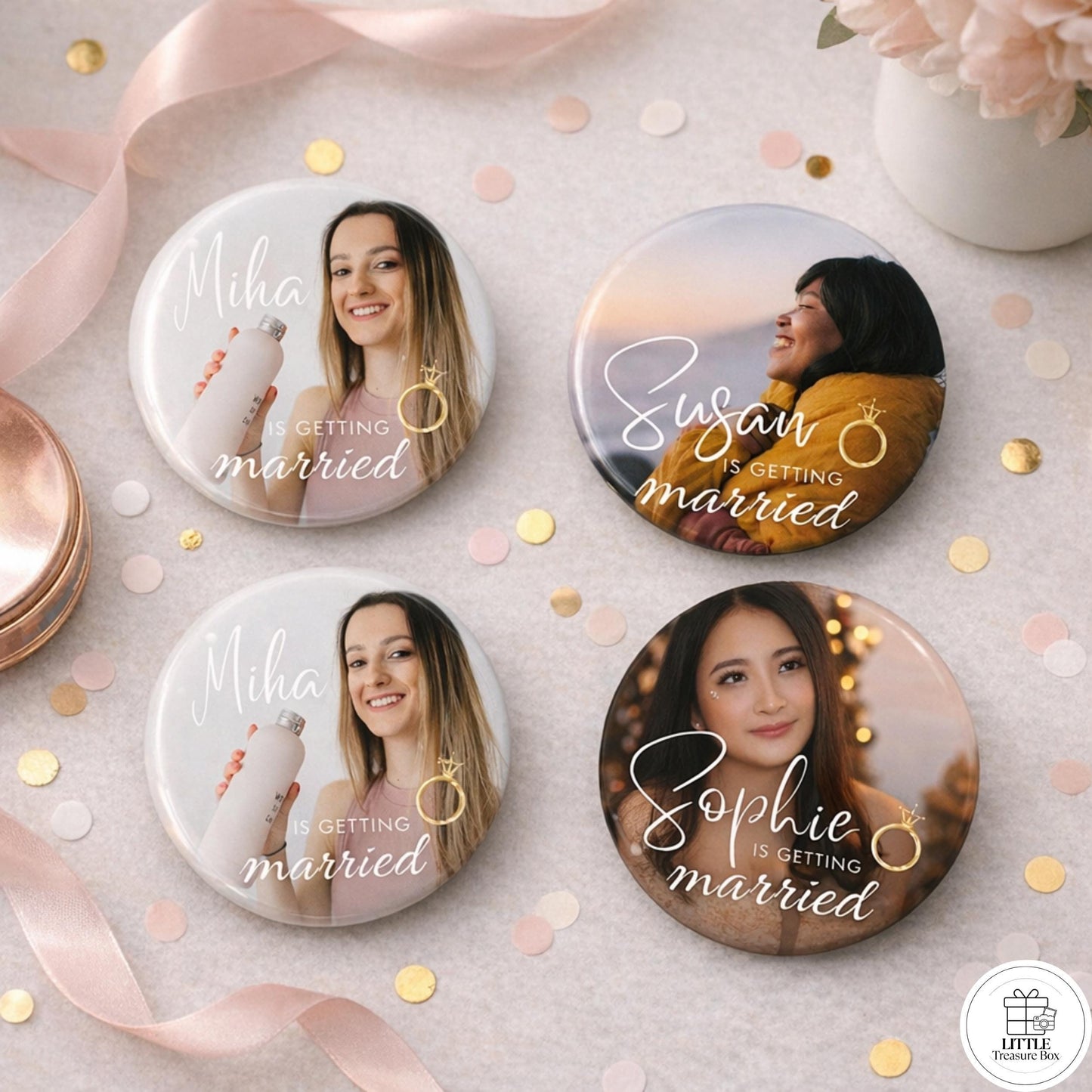 She Is Getting Married – Custom Photo Round Magnet or Pin | Bridal Shower Favor | Engagement Keepsake