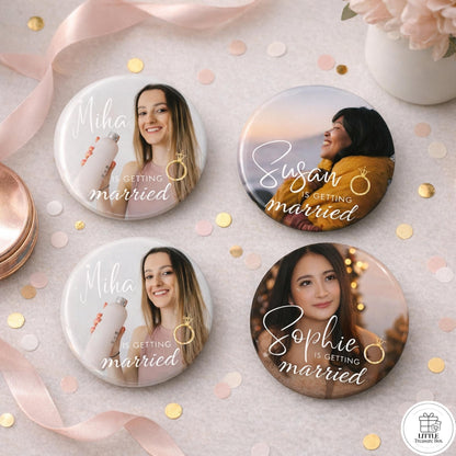 She Is Getting Married – Custom Photo Round Magnet or Pin | Bridal Shower Favor | Engagement Keepsake